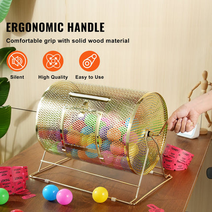 Raffle Drum, 16.1 x Ø12 inch Brass Plated Raffle Ticket Spinning Cage, Holds 5000 Tickets or 200 Ping Pong Balls, Metal Lottery Spinning Drawing with Wooden Turning Handle, for Bingo Ballot Part.