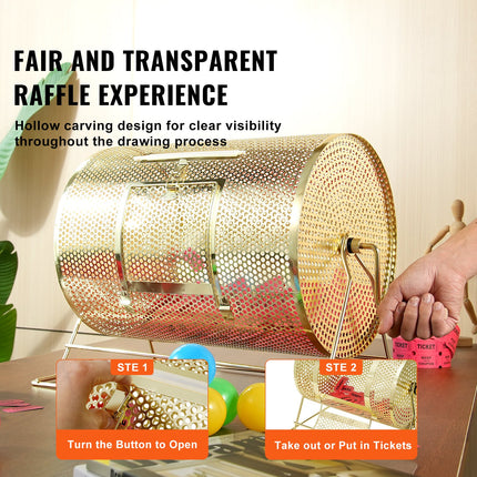Raffle Drum, 16.1 x Ø12 inch Brass Plated Raffle Ticket Spinning Cage, Holds 5000 Tickets or 200 Ping Pong Balls, Metal Lottery Spinning Drawing with Wooden Turning Handle, for Bingo Ballot Part.