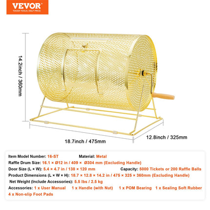 Raffle Drum, 16.1 x Ø12 inch Brass Plated Raffle Ticket Spinning Cage, Holds 5000 Tickets or 200 Ping Pong Balls, Metal Lottery Spinning Drawing with Wooden Turning Handle, for Bingo Ballot Part.