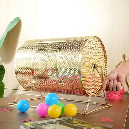 Raffle Drum, 16.1 x Ø12 inch Brass Plated Raffle Ticket Spinning Cage, Holds 5000 Tickets or 200 Ping Pong Balls, Metal Lottery Spinning Drawing with Wooden Turning Handle, for Bingo Ballot Part.