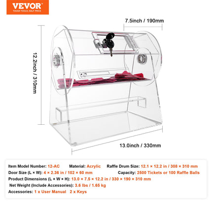 Acrylic Raffle Drum, Holds 2500 Tickets or 100 Raffle Balls, Professional Raffle Ticket Spinning Cage with 2 Keys, Transparent Lottery Spinning Drawing, Raffle Ticket Box for Lottery Games Bingo.