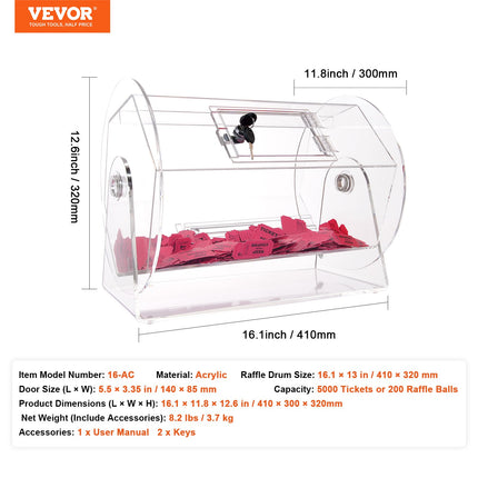 Acrylic Raffle Drum, Holds 5000 Tickets or 200 Raffle Balls, Professional Raffle Ticket Spinning Cage with 2 Keys, Transparent Lottery Spinning Drawing, Raffle Ticket Box for Lottery Games Bingo.