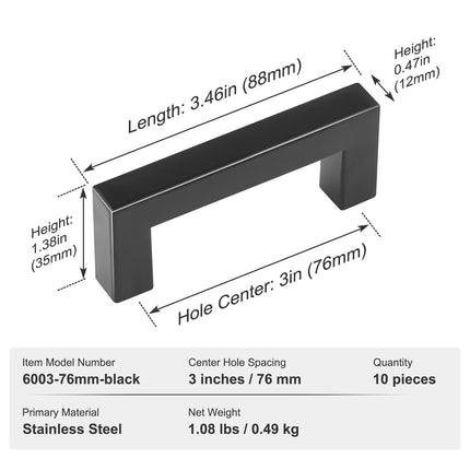 10 Pack Cabinet Pulls, 3in / 76mm Center to Center Slim Square Kitchen Cabinet Drawer, Stainless Steel Modern Kitchen Cupboard Door Handles for Kitchen Bathroom Bar Hardware Matte Black.
