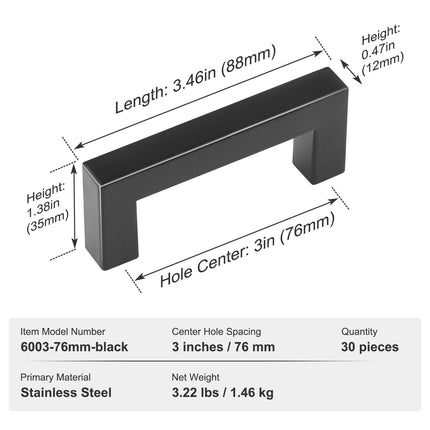 30 Pack Cabinet Pulls, 3in / 76mm Center to Center Slim Square Kitchen Cabinet Drawer, Stainless Steel Modern Kitchen Cupboard Door Handles for Kitchen Bathroom Bar Hardware Matte Black.