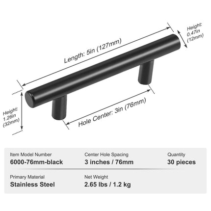 30 Pack Cabinet Pulls, 3in / 76mm Center to Center Slim Kitchen Cabinet Drawer, Stainless Steel Modern Kitchen Cupboard Door Handles for Kitchen Bathroom Bar Hardware Matte Black.
