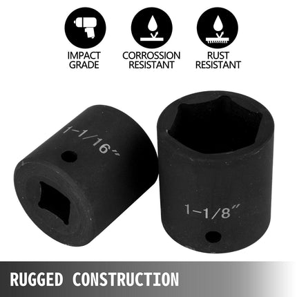 Impact Socket Set 1/2 Inches 19 Piece Impact Sockets, Standard Socket Assortment, 1/2 Inches Drive Socket Set Impact Standard SAE (3/8 Inches to 1-1/2 Inches) 6-point Hex Sockets.
