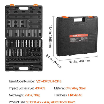 Impact Socket Set 43 Piece Impact Sockets, Standard Socket Assortment, Drive Socket Set 6-Point Sockets Metric 9-30mm (Standard/Deep).