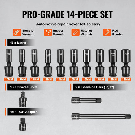 360 Degree Swivel Impact Sockets Set 14pcs 6-Point 3/8in Drive Socket Set.