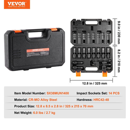 360 Degree Swivel Impact Sockets Set 14pcs 6-Point 3/8in Drive Socket Set.