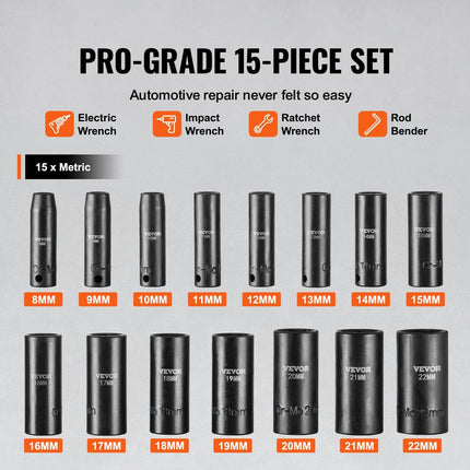 3/8" Drive Impact Socket Set, 15 Piece Deep Socket Set Metric 8-22mm, 6 Point Cr-Mo Alloy Steel for Auto Repair, Easy-to-Read Size Markings, Rugged Construction, Includes Storage Case.