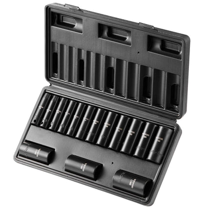 3/8" Drive Impact Socket Set, 15 Piece Deep Socket Set Metric 8-22mm, 6 Point Cr-Mo Alloy Steel for Auto Repair, Easy-to-Read Size Markings, Rugged Construction, Includes Storage Case.