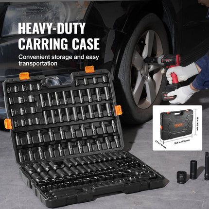Impact Sockets Set 130PCS 6-Point 3/8" & 1/2" Drive Bit Ratchet Tool Kit.