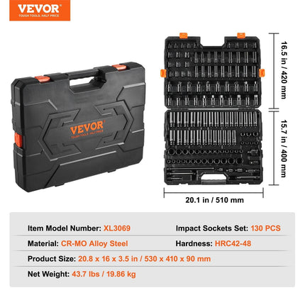 Impact Sockets Set 130PCS 6-Point 3/8" & 1/2" Drive Bit Ratchet Tool Kit.