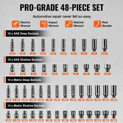 Impact Sockets Set 48pcs 6-Point 1/4" Drive Bit Ratchet Tool Kit Case.