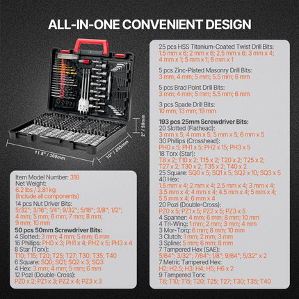 Drill Bit Set, 318 Pieces Drill and Driver Bit Set, Screwdriver Bit Set Suitable for Wood Metal Cement Drilling and Screw Driving, Drill Bit Sets Combo Kit Assorted in Organized Carrying Case.