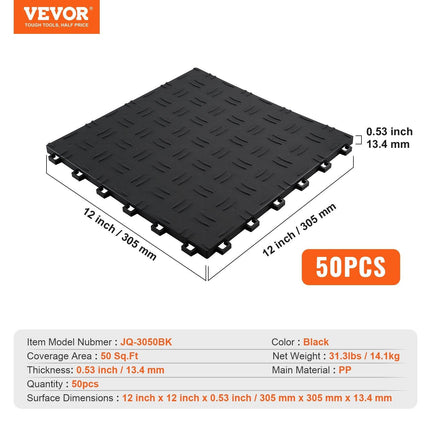 Garage Tiles Interlocking, 12 x 12 x 0.53 inch 50 Pack Garage Floor Covering Tiles, Non-Slip Double-Sided Texture Garage Flooring Tiles, for Garages, Basements, Repair Shops, Black.