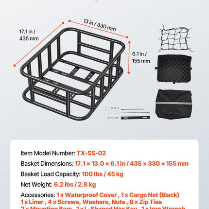 Rear Bike Basket, Medium Bicycle Basket with Cargo Net, Liner & Waterproof Cover, Heavy Duty Bike Back Basket for Adult Women/Men Carrying Dogs, Pets, Fruit & Grocery, Mounting Tools Included.