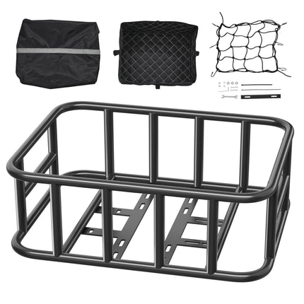Rear Bike Basket, Medium Bicycle Basket with Cargo Net, Liner & Waterproof Cover, Heavy Duty Bike Back Basket for Adult Women/Men Carrying Dogs, Pets, Fruit & Grocery, Mounting Tools Included.