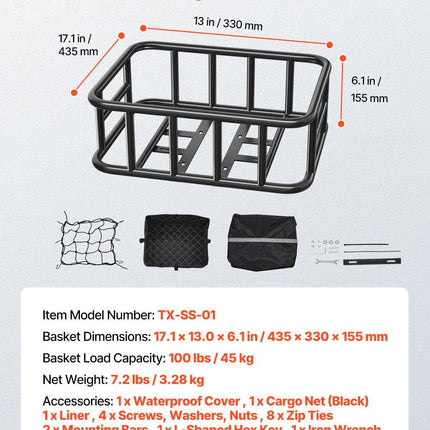 Rear Bike Basket Large Bicycle Basket with Cargo Net Rainproof Cover Liner.