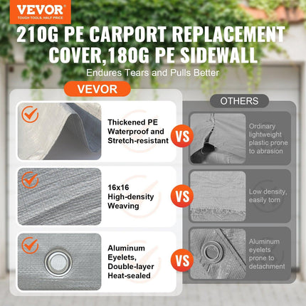 Carport Replacement Canopy Cover Top + Side Wall 10 x 20 ft, Garage Tent Shelter Tarp Heavy-Duty Waterproof & UV Protected, Easy Installation with Ball Bungees,White (Frame Not Included).