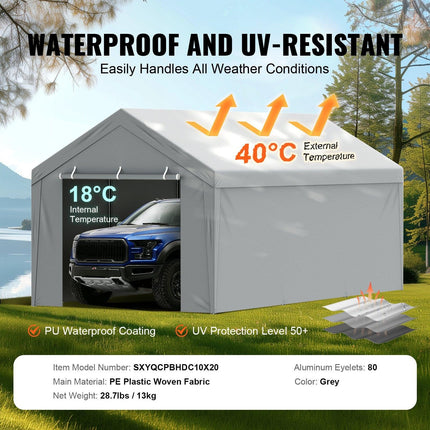 Carport Replacement Canopy Cover Top + Side Wall 10 x 20 ft, Garage Tent Shelter Tarp Heavy-Duty Waterproof & UV Protected, Easy Installation with Ball Bungees,White (Frame Not Included).