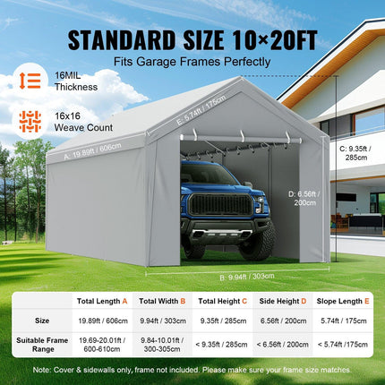Carport Replacement Canopy Cover Top + Side Wall 10 x 20 ft, Garage Tent Shelter Tarp Heavy-Duty Waterproof & UV Protected, Easy Installation with Ball Bungees,White (Frame Not Included).