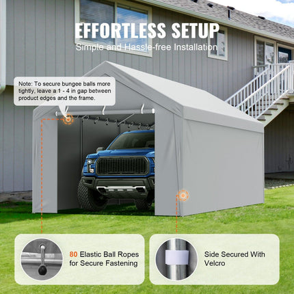 Carport Replacement Canopy Cover Top + Side Wall 10 x 20 ft, Garage Tent Shelter Tarp Heavy-Duty Waterproof & UV Protected, Easy Installation with Ball Bungees,White (Frame Not Included).