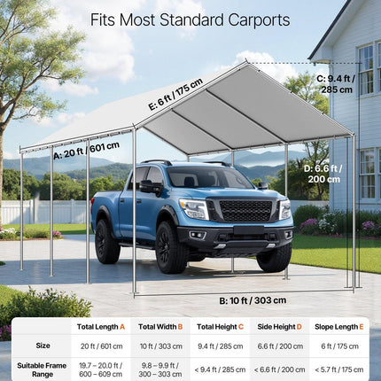 Carport Replacement Canopy, 6 x 3 m Potable Garage Tent Top Tarp, UV-Resistant & Waterproof Car Shelter Tarp, Heavy Duty Car Port Cover with Ball Buggees, Grey, Frame Not Included.