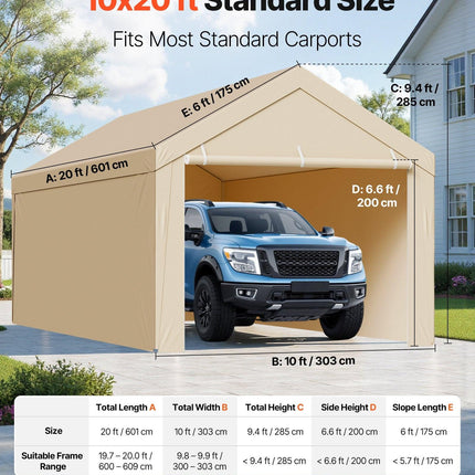 Carport Replacement Canopy, 6 x 3 m Potable Garage Tent Top Tarp with Sidewalls, UV-Resistant & Waterproof, Heavy Duty Car Shelter Tarp with Ball Buggees, Beige, Frame Not Included.