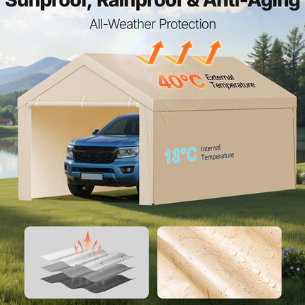 Carport Replacement Canopy, 6 x 3 m Potable Garage Tent Top Tarp with Sidewalls, UV-Resistant & Waterproof, Heavy Duty Car Shelter Tarp with Ball Buggees, Beige, Frame Not Included.