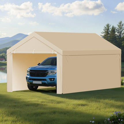 Carport Replacement Canopy, 6 x 3 m Potable Garage Tent Top Tarp with Sidewalls, UV-Resistant & Waterproof, Heavy Duty Car Shelter Tarp with Ball Buggees, Beige, Frame Not Included.