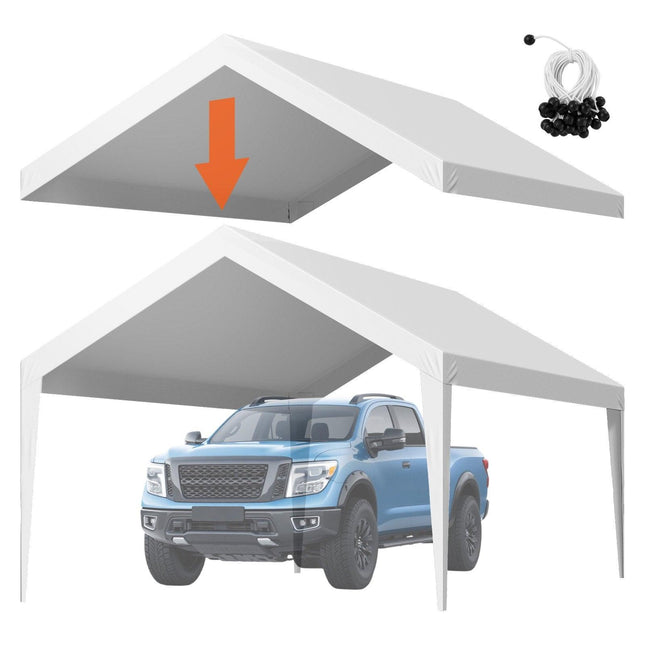 Carport Replacement Canopy, 6 x 3.6 m Potable Garage Tent Top Tarp, UV-Resistant & Waterproof Car Shelter Tarp, Heavy Duty Car Port Cover with Ball Buggees, White, Frame Not Included.