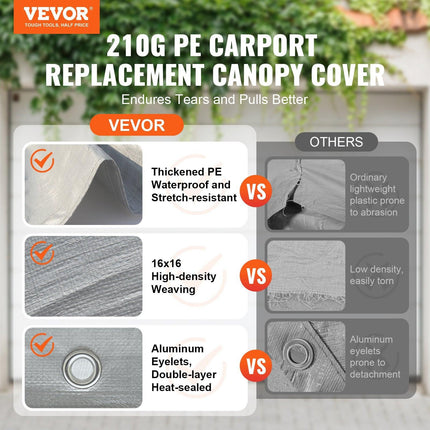 Carport Replacement Canopy Cover 12 x 20 ft, Garage Top Tent Shelter Tarp Heavy-Duty Waterproof & UV Protected, Easy Installation with Ball Bungees,Grey (Only Top Cover, Frame Not Include).