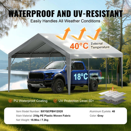 Carport Replacement Canopy Cover 12 x 20 ft, Garage Top Tent Shelter Tarp Heavy-Duty Waterproof & UV Protected, Easy Installation with Ball Bungees,Grey (Only Top Cover, Frame Not Include).