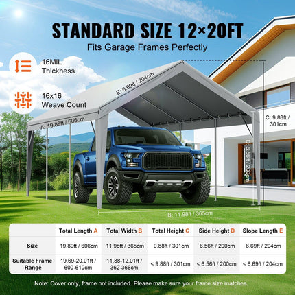Carport Replacement Canopy Cover 12 x 20 ft, Garage Top Tent Shelter Tarp Heavy-Duty Waterproof & UV Protected, Easy Installation with Ball Bungees,Grey (Only Top Cover, Frame Not Include).