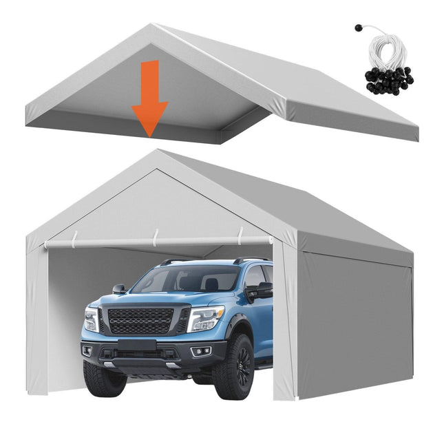 Carport Replacement Canopy, 6x 3.6 m Potable Garage Tent Top Tarp with Sidewalls, UV-Resistant & Waterproof, Heavy Duty Car Shelter Tarp with Ball Buggees, Grey, Frame Not Included.