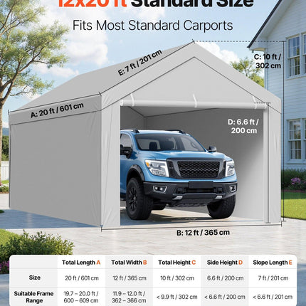 Carport Replacement Canopy, 6x 3.6 m Potable Garage Tent Top Tarp with Sidewalls, UV-Resistant & Waterproof, Heavy Duty Car Shelter Tarp with Ball Buggees, Grey, Frame Not Included.