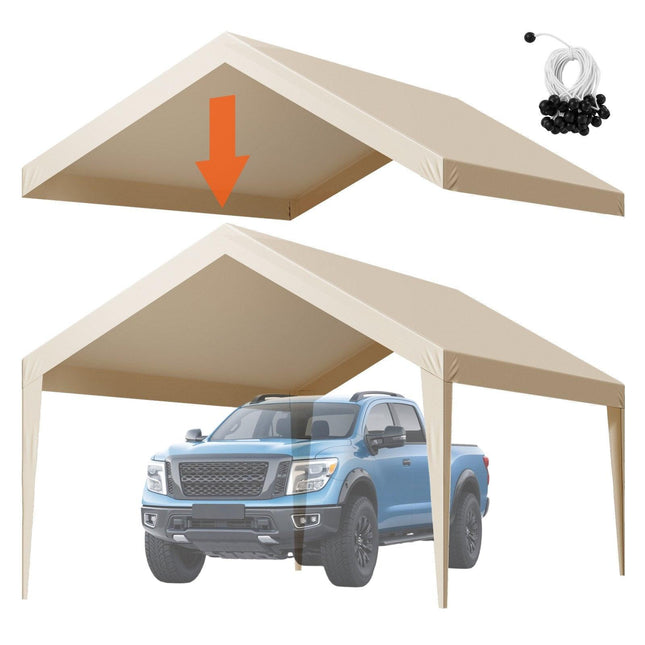 Carport Replacement Canopy, 6 x 3.6 m Potable Garage Tent Top Tarp, UV-Resistant & Waterproof Car Shelter Tarp, Heavy Duty Car Port Cover with Ball Buggees, Beige, Frame Not Included.