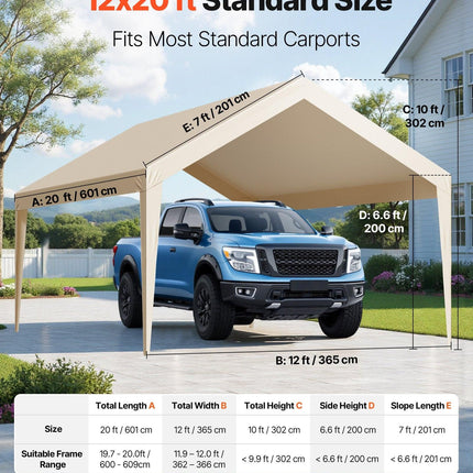 Carport Replacement Canopy, 6 x 3.6 m Potable Garage Tent Top Tarp, UV-Resistant & Waterproof Car Shelter Tarp, Heavy Duty Car Port Cover with Ball Buggees, Beige, Frame Not Included.