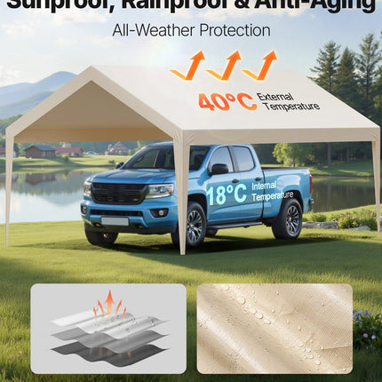 Carport Replacement Canopy, 6 x 3.6 m Potable Garage Tent Top Tarp, UV-Resistant & Waterproof Car Shelter Tarp, Heavy Duty Car Port Cover with Ball Buggees, Beige, Frame Not Included.