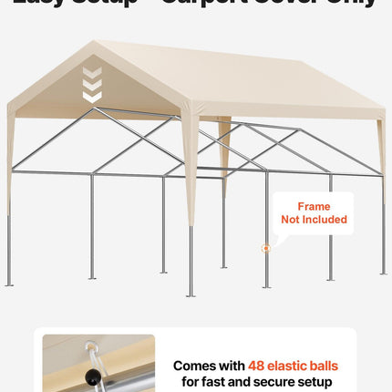 Carport Replacement Canopy, 6 x 3.6 m Potable Garage Tent Top Tarp, UV-Resistant & Waterproof Car Shelter Tarp, Heavy Duty Car Port Cover with Ball Buggees, Beige, Frame Not Included.