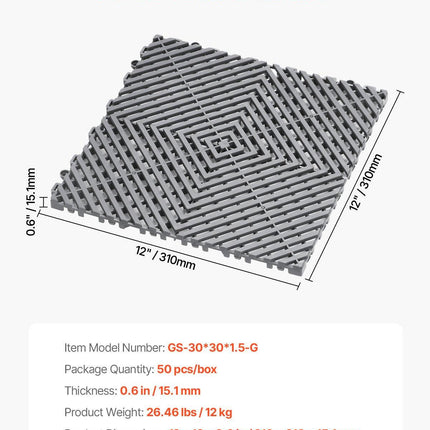 Interlocking Drainage Mat, 31 x 31 cm Modular Interlocking Cushion, 50 Pcs Splicing Drainage Mats, Non-Slip Gray PP Drainage Floor Tile and Shower Mat, for Garage, Garden, Kitchen & Outdoor.