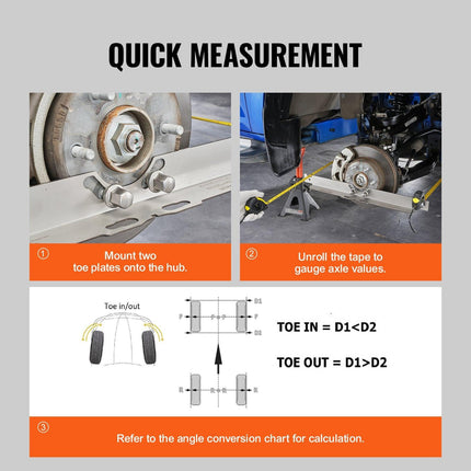 Wheel Alignment Tool, 2-Pack Toe Alignment Toe Plates, Stainless Steel Wheel Alignment Tool Plate, Toe Angle Accurate Measurement, Includes 2 Measuring Tapes & Conversion Chart.