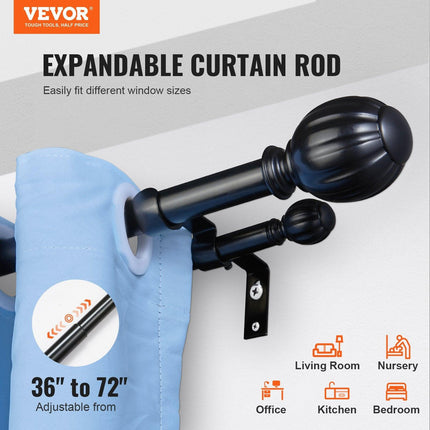 Double Rod Curtain Rods, 36-72 inches(3-6ft) Adjustable Length, Black Double Curtain Rods with Round Finials, 1" and 3/4" Diameter, Double Window Drapery Rod for Sheer and Blackout Curtains.