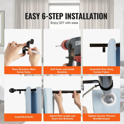 Double Rod Curtain Rods, 36-72 inches(3-6ft) Adjustable Length, Black Double Curtain Rods with Round Finials, 1" and 3/4" Diameter, Double Window Drapery Rod for Sheer and Blackout Curtains.