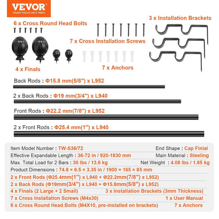 Double Rod Curtain Rods, 36-72 inches(3-6ft) Adjustable Length, Black Double Curtain Rods with Round Finials, 1" and 3/4" Diameter, Double Window Drapery Rod for Sheer and Blackout Curtains.
