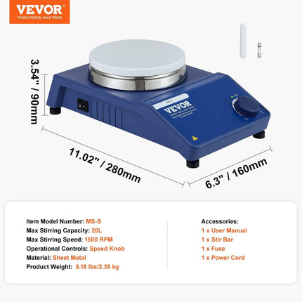 Magnetic Stirrer Stir Plate Kit 0-1500 RPM Adjustable Speed Max 22L.