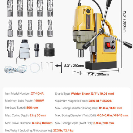 Magnetic Drill, 1400W Motor 1.6 in Boring Diameter, 2810 lbf Portable Electric Mag Drill Press, with 11 Coring Bits, 800 RPM Speed, Drilling Machine for Metal Surface, Home Improvement Industry.