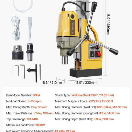 Magnetic Drill, 1400W Motor 2 in Boring Diameter, 2922 lbf Portable Electric Mag Drill Press, 0-750 RPM Variable Speed, Drilling Machine for Metal Surface, Industrial and Home Improvement.