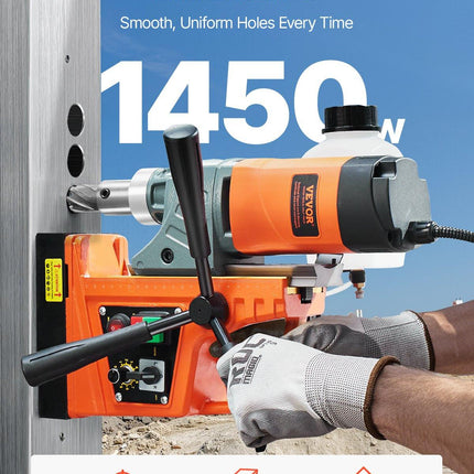 Magnetic Drill, 1450W Motor 1.6 in Boring Diameter, 2810 lbf Portable Electric Mag Drill Press, with 2 Coring Bits, Variable Speed, Drilling Machine for Metal Surface, Home Improvement Industry.